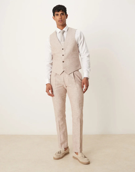  Asos Design Pantalones De Traje Marrones De Corte Slim Con Patrón De Espiga De Mezcla De Algodón Y Lino De Asos Design-marrón 
