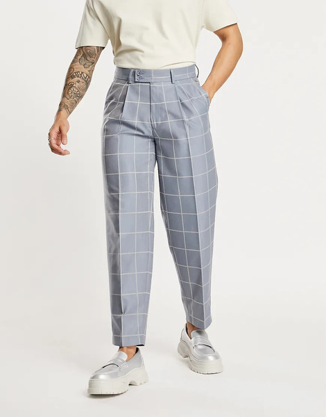  Asos Design Pantalones De Vestir Azules De Pernera Abombada Con Estampado De Cuadrícula De Sarga De Mezcla De Lino De Asos Design 
