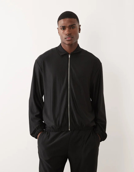  Asos Design Asos Design - Parte De Un Conjunto - Chaqueta Harrington Negra Extragrande Con Cremallera De Canalé-negro 