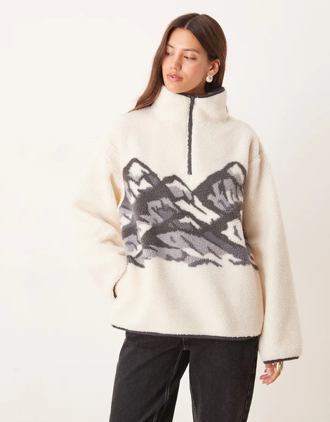  Asos Design Polar Color Crema Y Gris Con Media Cremallera Y Estampado De Montaña Posicional De Borreguito De Asos Design-blanco 
