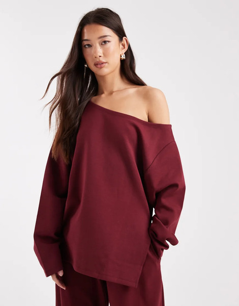  Asos Design Sudadera Burdeos Extragrande Con Hombro Caído De Punto Entrelazado De Asos Design-rojo 