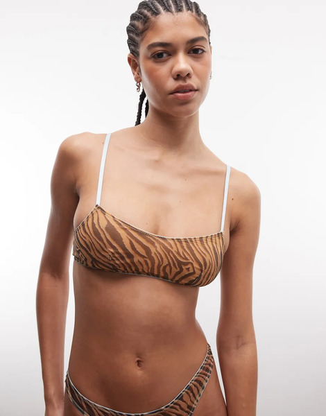  Asos Design Sujetador Marrón Estilo Top Corto Con Estampado De Tigre Y Ribete En Contraste De Malla Transparente Kenny De Asos Design-brown 