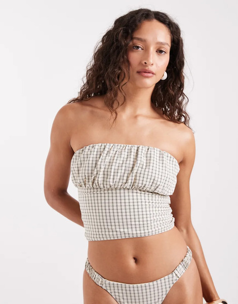  Asos Design Top A Cuadros Tipo Tankini Con Escote Palabra De Honor Y Parte Delantera Fruncida De Tejido Efecto Papel Piper De Asos Design-blanco 