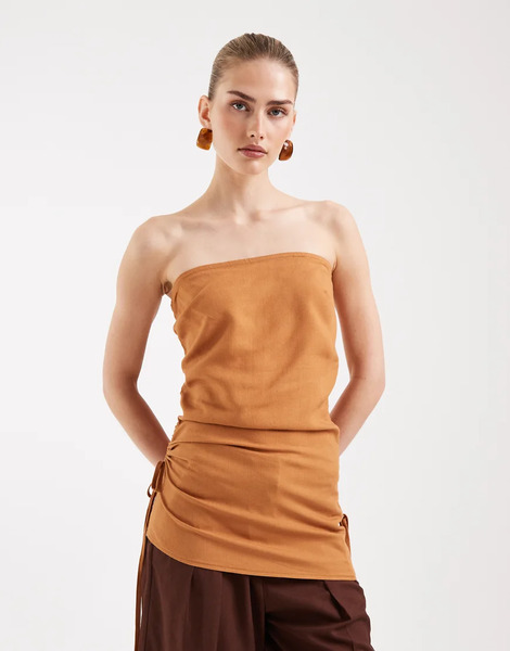  Asos Design Top Color Camel Con Escote Palabra De Honor Y Laterales Fruncidos De Mezcla De Lino De Asos Design-neutro 