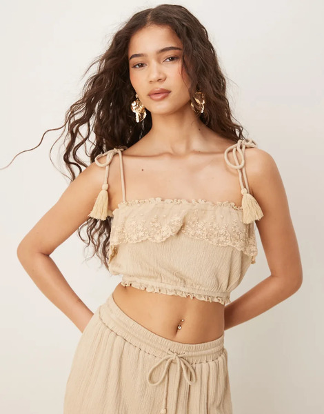  Asos Design Top Color Piedra Estilo Bralette De Tejido Efecto Rugoso Con Tirantes Anudados En Los Hombros Y Ribetes De Encaje De Asos Design (parte De Un Conjunto)-neutro 