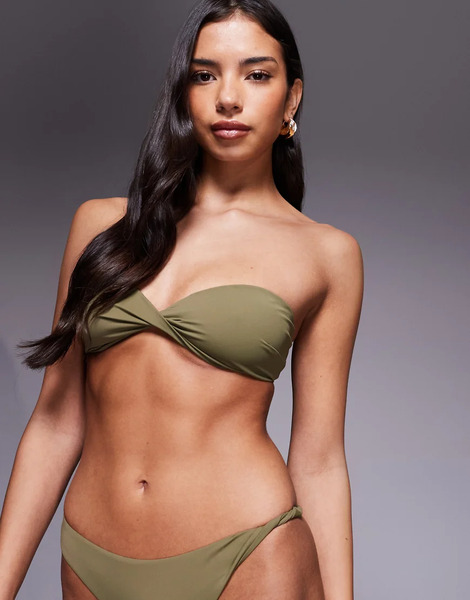  Asos Design Top De Bikini Caqui De Estilo Palabra De Honor De Tejido Efecto Papel Tina Twisted De Asos Design-verde 