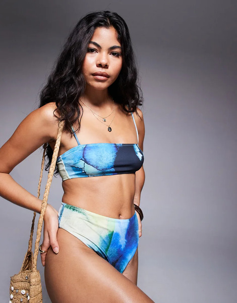  Asos Design Top De Bikini Con Estampado Oleoso, Escote Palabra De Honor Y Tirantes Finos Mina De Asos Design-multicolor 