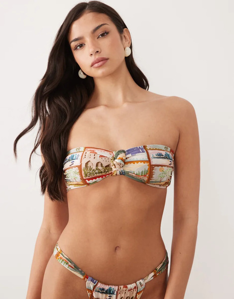  Asos Design Top De Bikini Estilo Palabra De Honor Con Estampado De Postales Y Detalle Anudado Posey De Asos Design-multicolor 