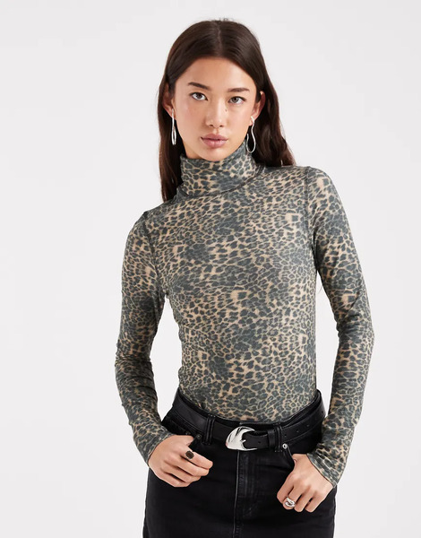  Asos Design Top De Manga Larga Con Cuello Vuelto Y Estampado De Leopardo De Punto Liso De Asos Design-multicolor 