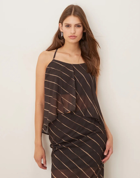  Asos Design Top Marrón Chocolate A Rayas Con Cuello Halter De Tirantes Y Lazada En La Espalda De Malla Transparente De Asos Design (parte De Un Conjunto)-brown 