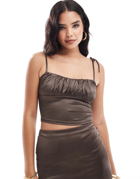  Asos Design Top Marrón Chocolate De Tirantes Con Pecho Fruncido De Sarga Satinada De Asos Design (parte De Un Conjunto)-verde 