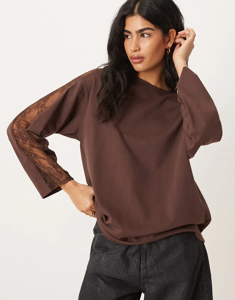  Asos Design Top Marrón Chocolate Extragrande De Manga Larga Con Detalle De Ribete De Encaje De Asos Design-brown 