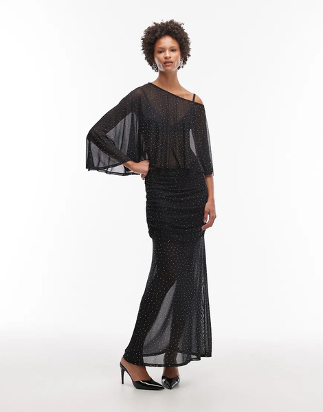  Asos Design Top Negro Con Capa Asimétrica De Malla Transparente Y Strass Termosellado De Asos Design (parte De Un Conjunto) 