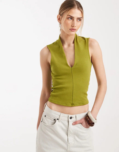  Asos Design Top Verde Escotado De Algodón Compacto De Asos Design 