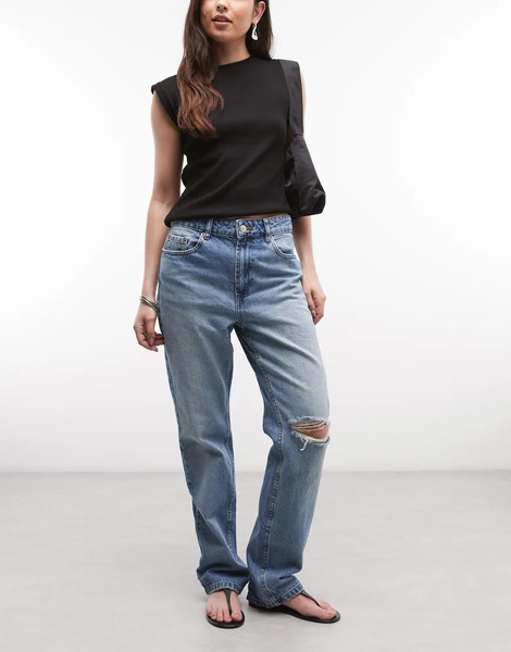  Asos Design Vaqueros De Corte Recto De Estilo Años 90 Con Lavado Medio Claro Y Detalles Rasgados De Asos Design-azul 