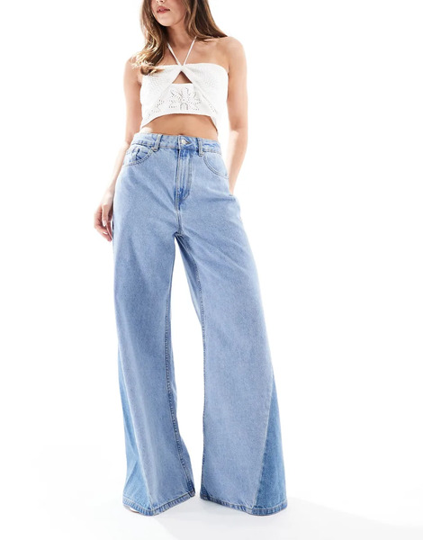  Asos Design Vaqueros De Talle Alto Y Pernera Ancha Con Lavado Claro Y Diseño De Patchwork Con Costuras Retorcidas De Asos Design-azul 