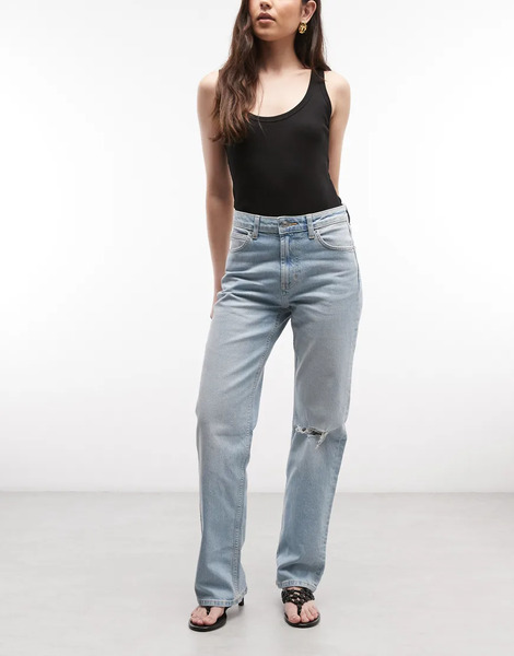  Asos Design Vaqueros Elásticos Cómodos De Pernera Recta Con Lavado Claro Y Rodillas Rasgadas De Asos Design-azul 