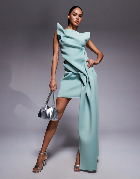  Asos Design Vestido Corto Verde Salvia Con Escote Bardot Moldeador, Pliegues Estructurados Y Detalle De Fajín De Tejido Efecto Neopreno De Asos Design 