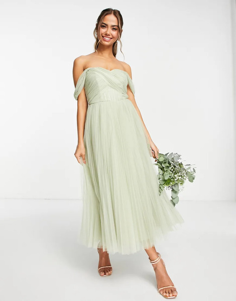  Asos Design Vestido De Dama De Honor Midi Color Salvia Con Escote Bardot, Lazada En La Espalda Y Falda Plisada De Tul De Asos Design-verde 