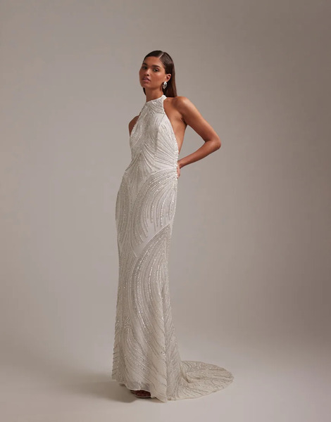  Asos Design Vestido De Novia Largo Blanco Con Cuello Halter, Espalda Descubierta Y Diseño Lineal De Cuentas De Asos Design 