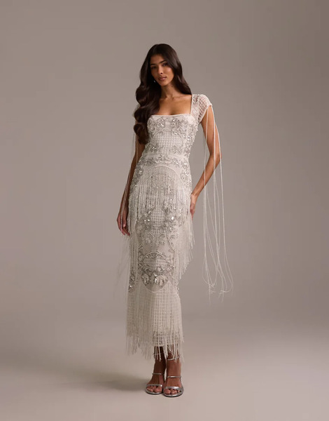  Asos Design Vestido De Novia Largo Blanco Marfil Con Escote Cuadrado, Diseño Con Abalorios Y Detalle De Flecos De Asos Design 