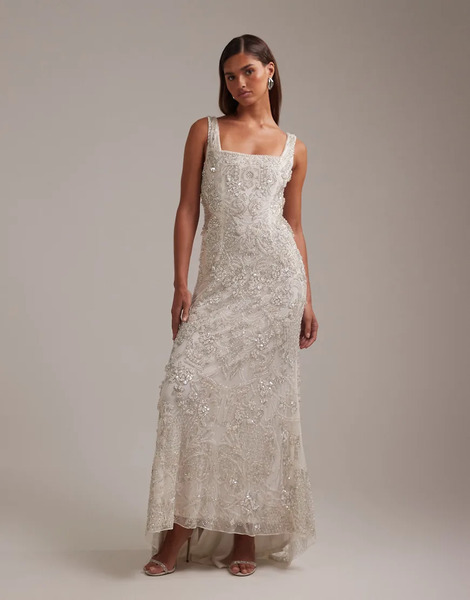 Asos Design Vestido De Novia Largo Blanco Marfil Con Escote Cuadrado Y Diseño Ornamental Adornado Con Cristales De Asos Design 
