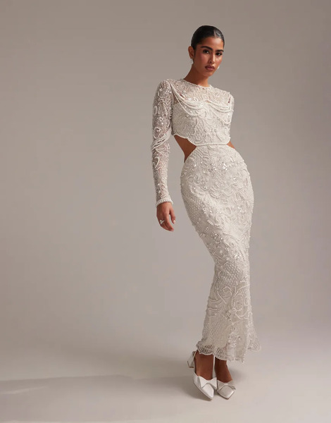  Asos Design Vestido De Novia Largo De Corte Recto Con Abertura En La Cintura Y Diseño Adornado Con Perlas De Asos Design-blanco 