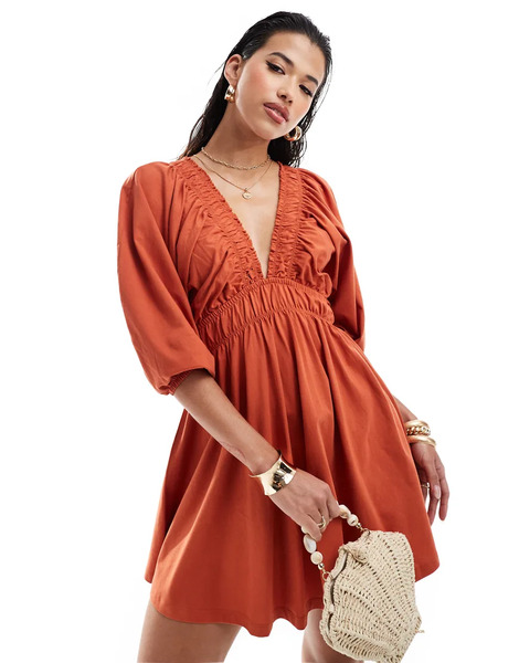  Asos Design Vestido De Tarde Corto Color Terracota Escotado Y Elástico Con Cintura Fruncida De Asos Design-multicolor 