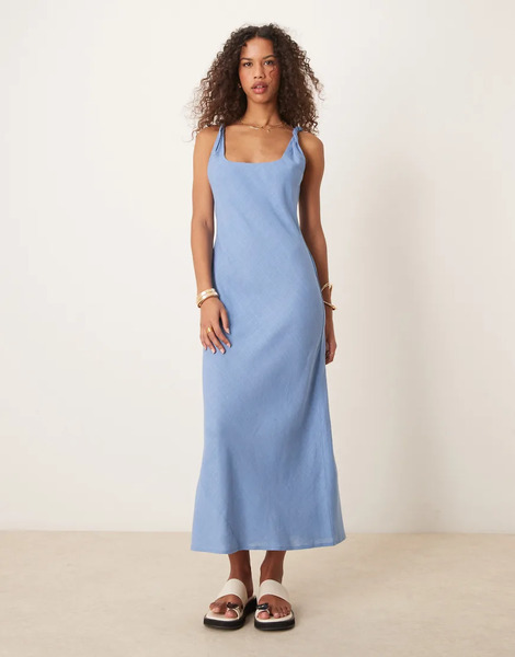  Asos Design Vestido Largo Azul Denim Lavado De Corte Al Bies Con Tirantes Retorcidos De Tejido Efecto Lino De Asos Design 