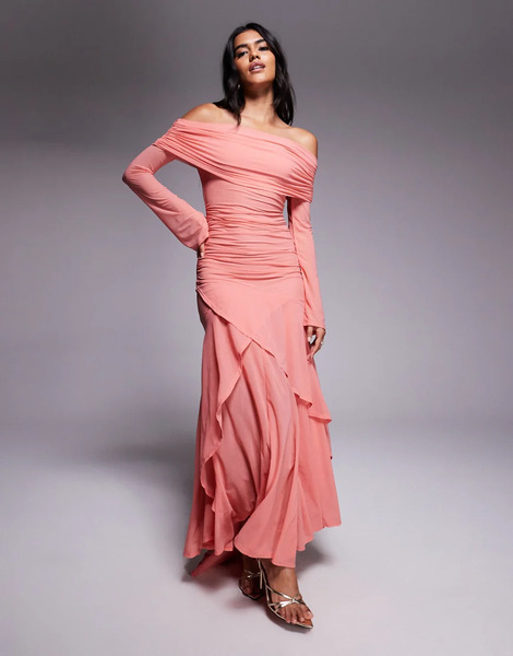  Asos Design Vestido Largo Color Coral De Manga Larga Con Escote Bardot Y Bajo De Volantes De Chifón Elástico De Asos Design-naranja 