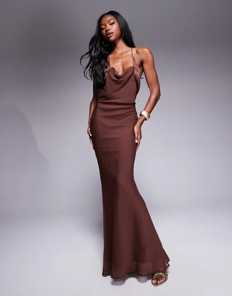  Asos Design Vestido Largo Marrón Chocolate De Corte Al Bies Con Cuello Desbocado De Mezcla De Satén Y Chifón De Asos Design 