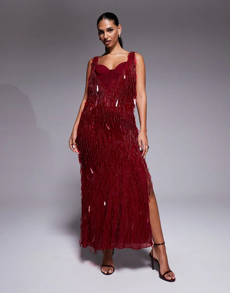  Asos Design Vestido Largo Rojo Cereza Adornado Con Flecos Con Cuello Desbocado Y Detalle De Bralette De Encaje De Asos Design 