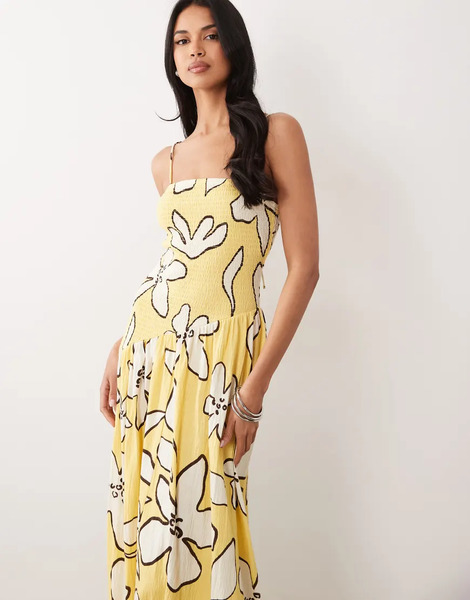  Asos Design Vestido Midi Amarillo De Tirantes Con Estampado Floral Dibujado, Lazada En La Espalda Y Cintura Asimétrica De Tejido Efecto Rugoso De Asos Design 