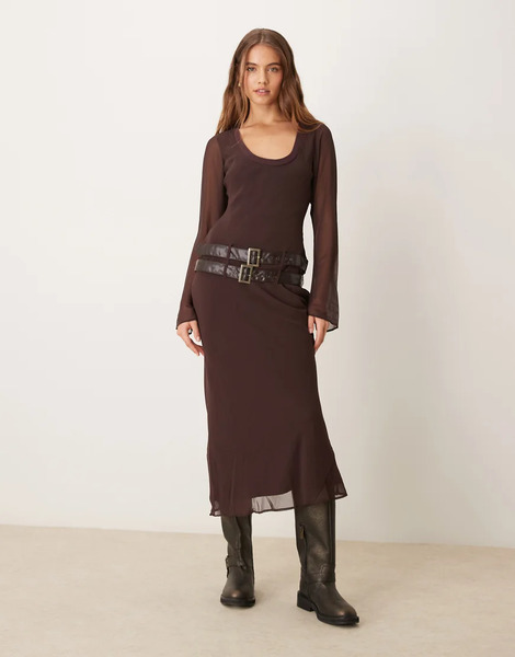  Asos Design Vestido Midi Color Ciruela Chocolate Con Cuello Ancho Y Doble Cinturón De Canalé De Asos Design-marrón 