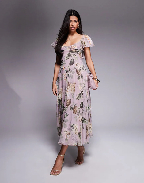  Asos Design Vestido Midi Lila Con Estampado Floral Vintage, Cintura Baja Y Falda De Corte Amplio De Asos Design-multicolor 