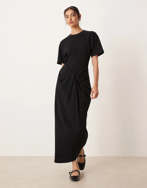  Asos Design Vestido Midi Negro Estilo Camiseta Con Detalle Retorcido De Punto Liso De Asos Design Circular Design Collection 