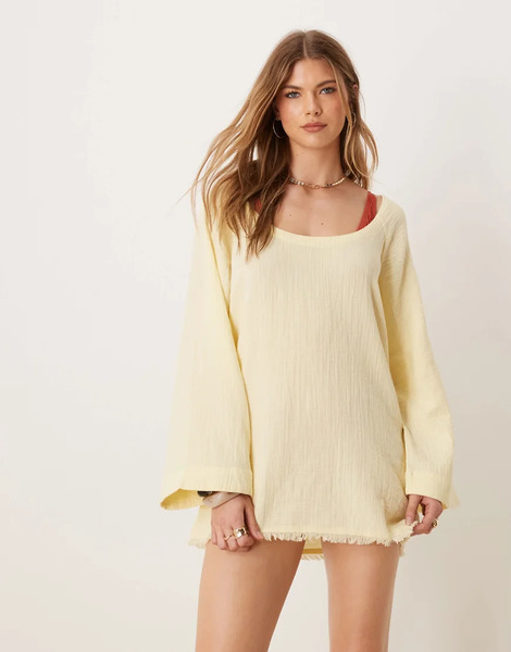  Asos Design Vestido Playero Amarillo Crema Reversible De Manga Larga Con Bajo Desflecado De Bambula Callie De Asos Design 