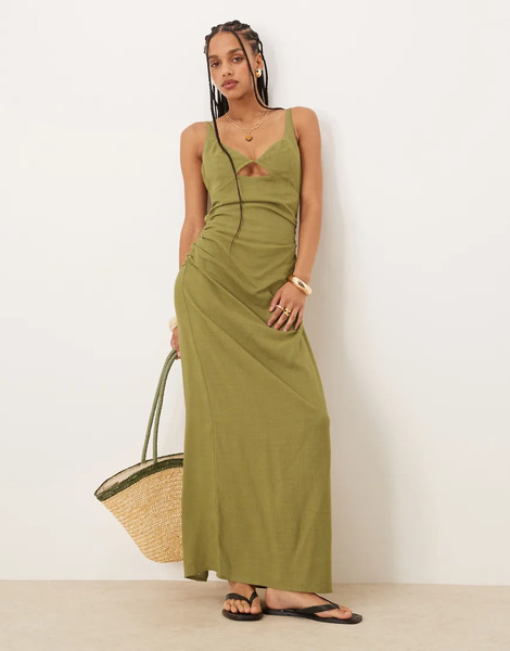  Asos Design Vestido Veraniego Verde Oliva Largo Con Abertura Y Detalle En Forma De Bralette De Mezcla De Lino De Asos Design 