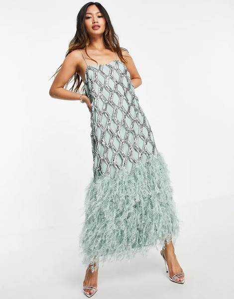  Asos Edition Vestido Midi Con Diseño Geométrico Calado De Lentejuelas Y Plumas Sintéticas En El Bajo De Asos Edition-verde 
