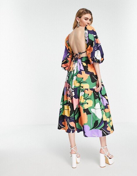  Asos Edition Vestido Midi Con Estampado Abstracto, Mangas Voluminosas Y Abertura En La Espalda De Asos Edition-multicolor 