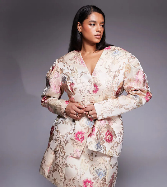  Asos Luxe Americana Blanca Con Cintura Entallada, Hombros Amplios Y Patrón De Jacquard De Asos Luxe Curve (parte De Un Conjunto)-multicolor 