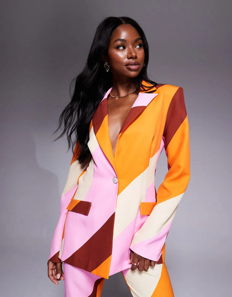  Asos Luxe Americana De Sastre Con Estampado De Rayas Y Botonadura Simple De Asos Luxe (parte De Un Conjunto)-rosa 