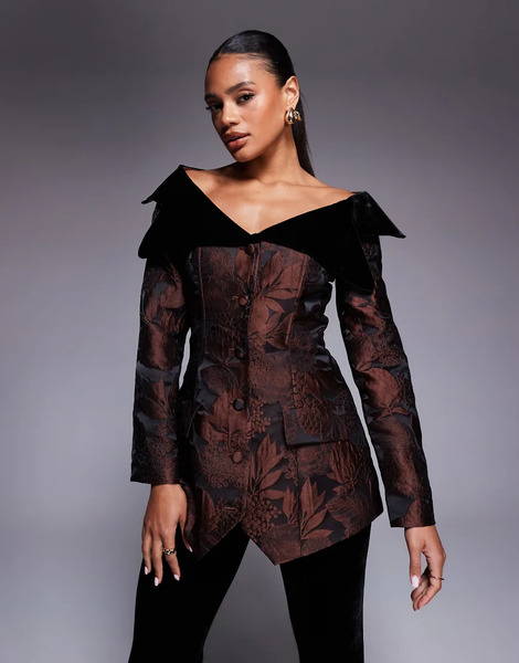  Asos Luxe Americana Marrón Chocolate Con Escote Bardot, Detalle De Terciopelo Y Diseño Floral De Jacquard De Asos Luxe (parte De Un Conjunto)-multicolor 