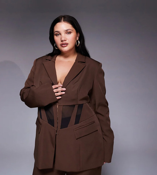 Asos Luxe Americana Marrón Con Cintura Entallada Y Paneles En Contraste De Asos Luxe Curve (parte De Un Conjunto)-brown 