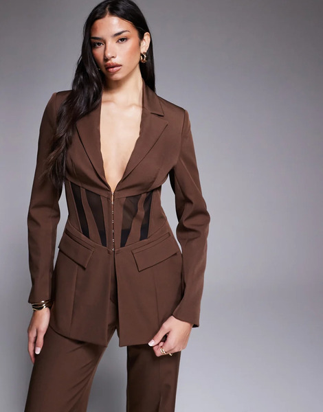  Asos Luxe Americana Marrón Con Cintura Entallada Y Paneles En Contraste De Asos Luxe (parte De Un Conjunto)-brown 