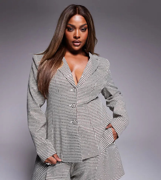  Asos Luxe Americana Marrón Con Estampado De Pata De Gallo Y Lazo En La Espalda De Lentejuelas De Asos Luxe Curve (parte De Un Conjunto) 