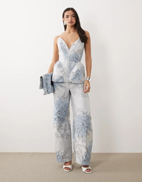  Asos Luxe Pantalones Azules De Corte Barrel Con Patrón Floral De Jacquard De Asos Luxe (parte De Un Conjunto)-multicolor 