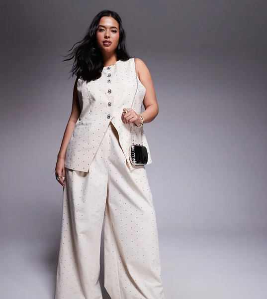  Asos Luxe Pantalones Color Crema De Pernera Ancha Con Diseño Termosellado De Lino De Asos Luxe Curve (parte De Un Conjunto)-blanco 