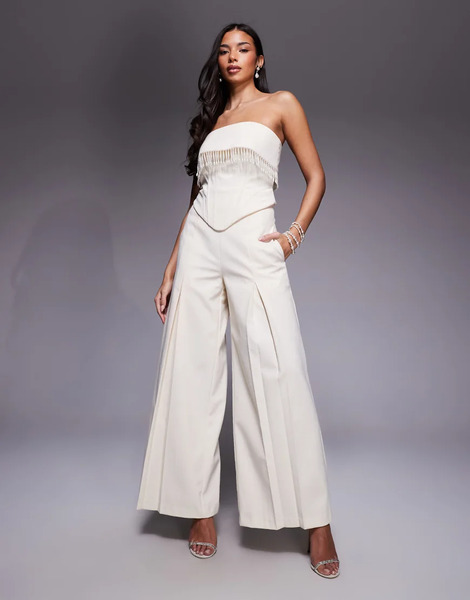  Asos Luxe Pantalones Color Crema De Pernera Ancha Con Pinzas De Mezcla De Lino De Asos Luxe (parte De Un Conjunto)-blanco 