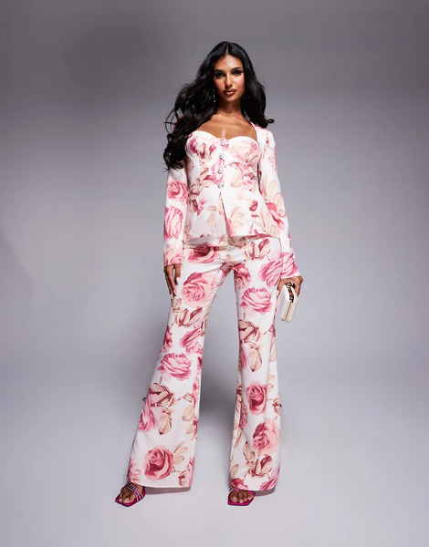  Asos Luxe Pantalones De Sastre De Corte Slim Con Estampado De Rosas Y Detalle De Botones Adornados De Asos Luxe (parte De Un Conjunto)-multicolor 